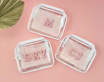 Clear Makeup Bag Personalized Clear Bag With Letter Bridesmaid Gift With Name Bride Bag Gift Wedding Travel Gift Toiletry Travel Bag Pearl