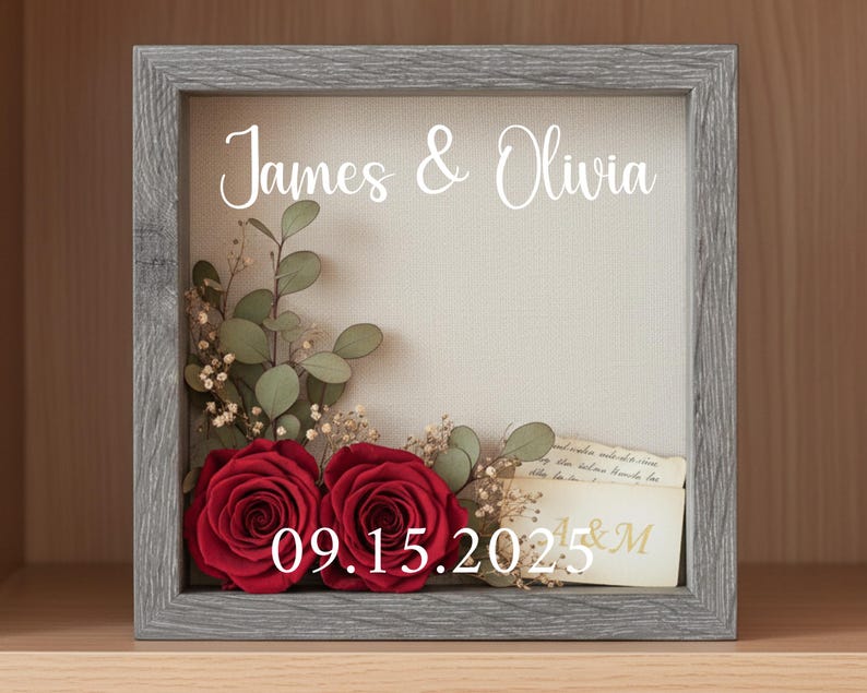 Wedding Memory Preservation Frame Personalized Shadowbox Display Custom Keepsake Collection Glass Front Design Pressed Flower Showcase Photo Memory Storage Wedding Memento Container Special Moment Capture Frame Anniversary Gift Idea Wooden