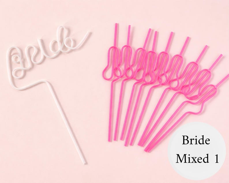 May include: A collection of pink and white decorative straws. One white straw spells out "bride" in cursive. The other straws are pink and have a looped design. The straws are on a light pink background. A white circle with the words "Bride Mixed 1" is in the lower right corner.