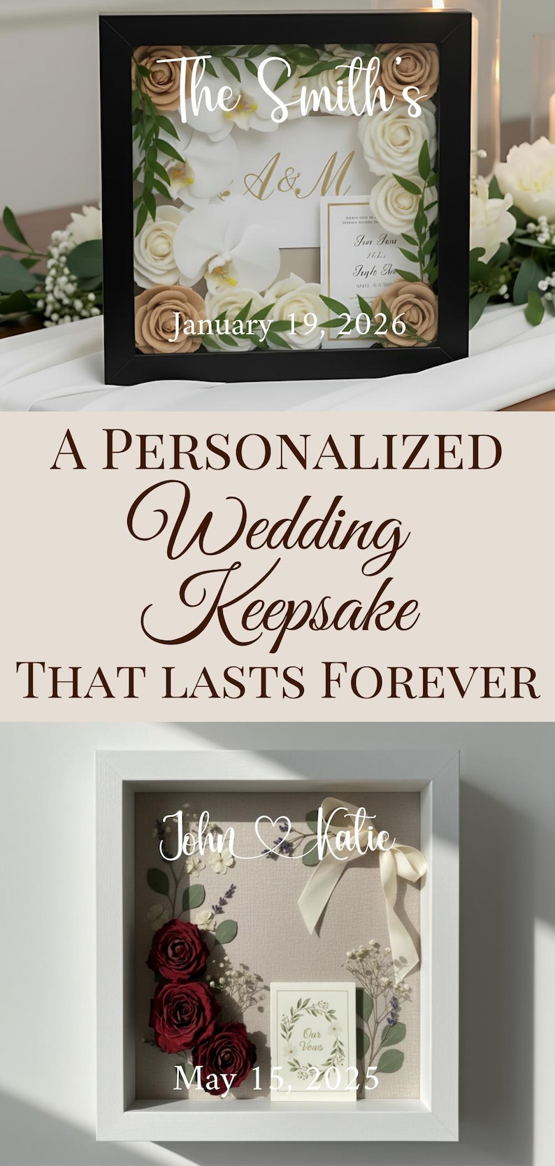 May include: Personalized wedding keepsake shadow boxes. The black box features the text "The Smith's", initials "A&M", and the date "January 19, 2026". The white box has the names "John & Katie" and the date "May 15, 2025". Both boxes are decorated with flowers.