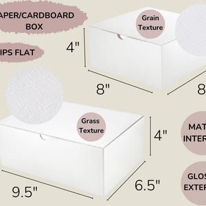 May include: Two white paper/cardboard boxes with dimensions displayed in inches. The top box is 8" x 8" x 4", and the bottom box is 9.5" x 6.5" x 4". The image also shows the text "MATTE INTERIOR" and "GLOSSY EXTERIOR".