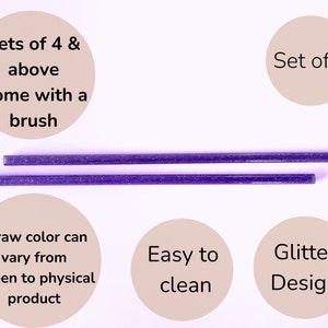 May include: Two purple glitter straws with a white background. Text on the image reads: "Sets of 4 & above come with a brush", "Set of 2", "Straw color can vary from screen to physical product", "Easy to clean", and "Glitter Design".