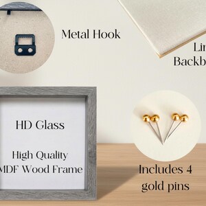 May include: A square gray MDF wood frame with HD glass, a linen backboard, and a metal hook. The image includes four gold pins. The frame has the text "HD Glass", "High Quality", and "MDF Wood Frame".