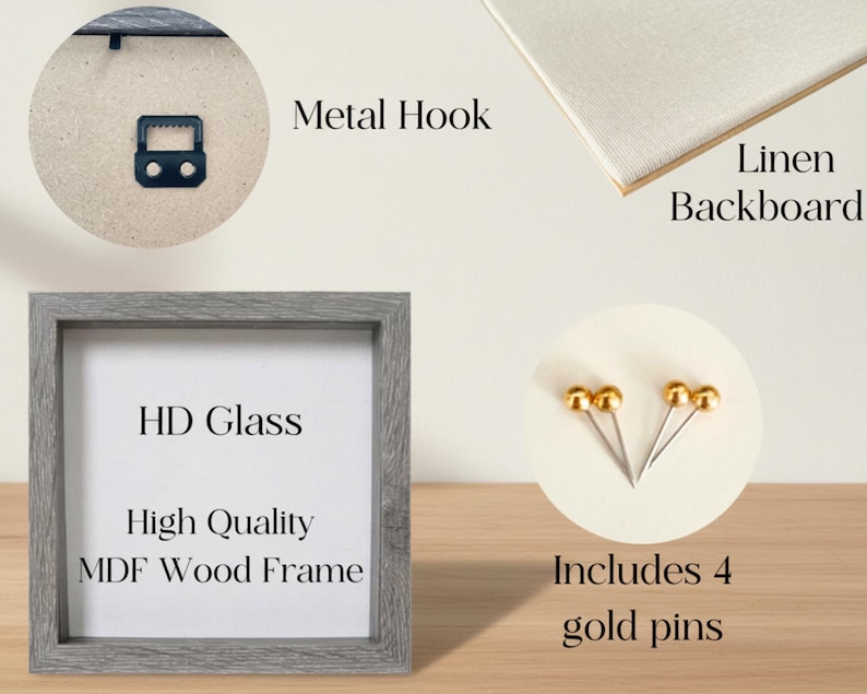 May include: A square gray MDF wood frame with HD glass, a linen backboard, and a metal hook. The image includes four gold pins. The frame has the text "HD Glass", "High Quality", and "MDF Wood Frame".