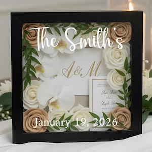 Wooden Memory Shadowbox Personalized Display Frame Glass Front Design Wedding Keepsake Collection Custom Lettering Option Pressed Flower Preservation Showcase Gold Pin Mounting System Photo Display Container Marriage Memento Storage