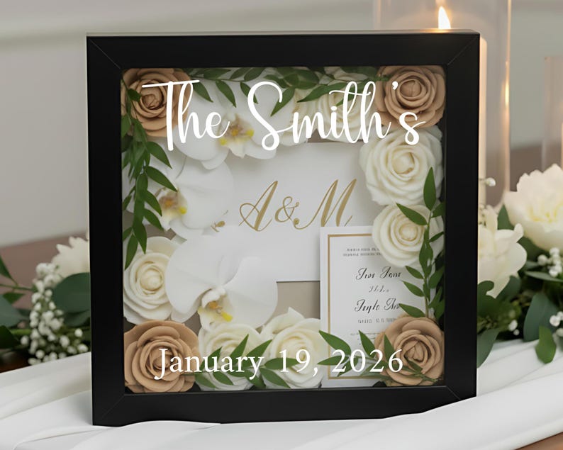 Wooden Memory Shadowbox Personalized Display Frame Glass Front Design Wedding Keepsake Collection Custom Lettering Option Pressed Flower Preservation Showcase Gold Pin Mounting System Photo Display Container Marriage Memento Storage