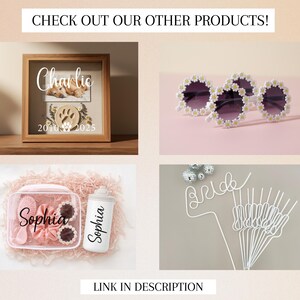May include: A wooden framed pet memorial with the name "Charlie" and a paw print. Daisy-shaped sunglasses with purple lenses. A clear cosmetic bag and water bottle, both labeled "Sophia". White "Bride" straws. Text reads "CHECK OUT OUR OTHER PRODUCTS!" and "LINK IN DESCRIPTION".