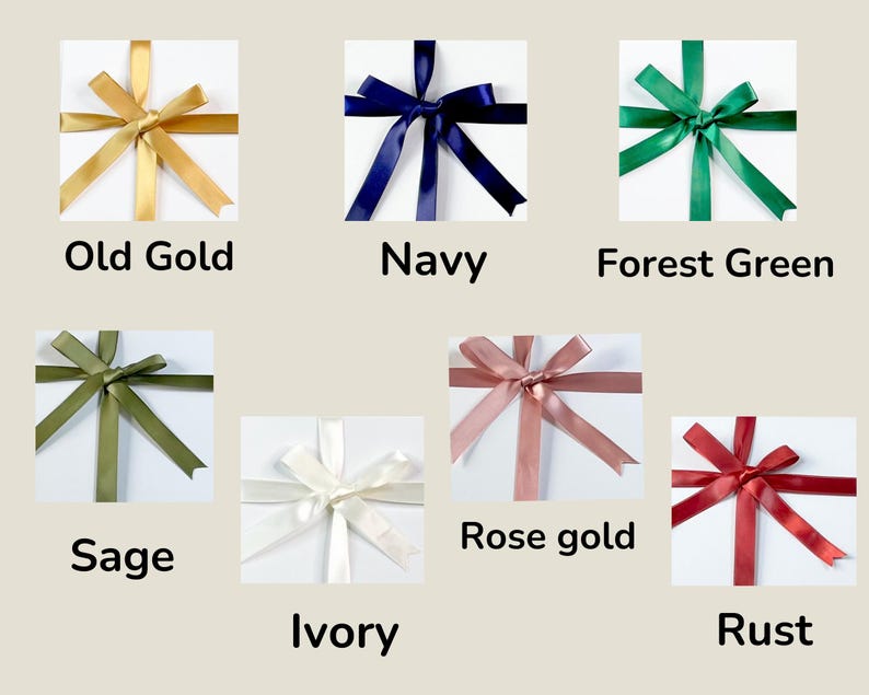 May include: A collection of gift boxes, each adorned with a satin ribbon bow in various colors. Colors include old gold, navy, forest green, sage, ivory, rose gold, and rust. Each box has the color name printed below it.