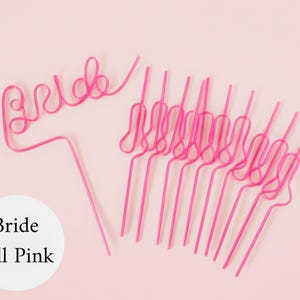 May include: Pink plastic straws, some with a looped design, and one that spells "Bride". The straws are arranged on a light pink background. A white circle with the text "Bride All Pink" is in the lower left corner.