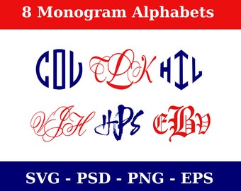 Monogram SVG Bundle, 8 Monogram Alphabets, Monogram Letters SVG, Digital Download, Cut Files
