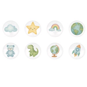 May include: Eight circular decorative elements with watercolour illustrations. Designs include a cloud, a smiling star, a rainbow, a globe, a teddy bear, a dinosaur, a globe on a stand, and a rocket ship.