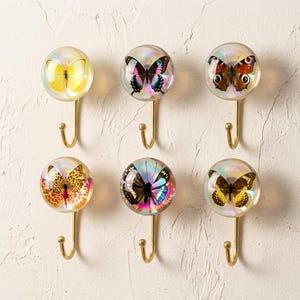 Può includere: Sei ganci decorativi da parete con disegni di farfalle racchiuse in sfere di vetro trasparente. Ogni gancio ha una base in metallo color oro. Le farfalle sono gialle, nere, rosa e marroni.