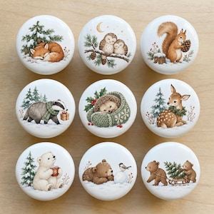 Winter Forest Creature Nursery drawer knob, Safari animal cabinet dresser knobs, Fox Bear Wardrobe Kitchen knob pulls Rabbit Cupboard knobs