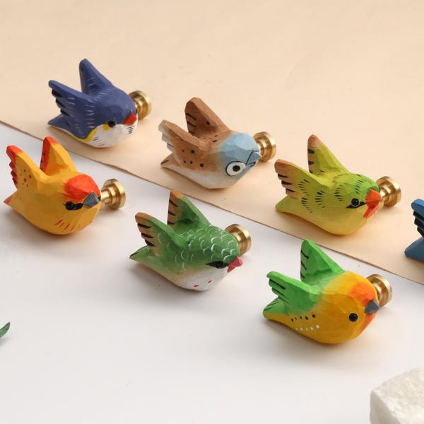 Woodland Bird cabinet dresser knobs Hand Carved Wood birds Nursery room Drawer cupboard handle knobs Colorful Bird cupboard nightstand knobs