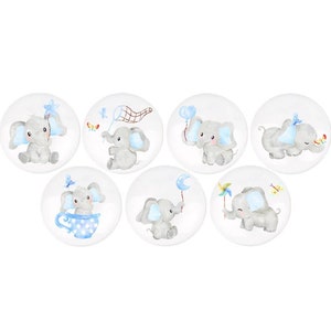 May include: Set of seven round white ceramic tiles with blue and grey watercolour illustrations of baby elephants. Each tile features a different elephant with a unique accessory, such as a balloon, a butterfly, or a cup.