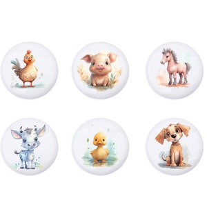 May include: Six colorful round buttons with illustrations of farm animals. The buttons feature a pig, a chick, a cow, a duck, a dog, and a horse.