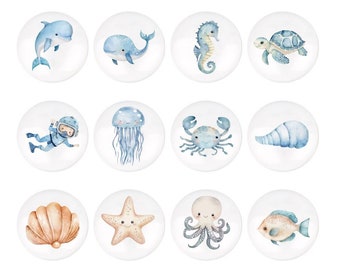 Boutons de poignée de tiroir en céramique sur le thème des animaux marins, poignée de bouton de chambre d'enfant, boutons animaux pour tiroirs de chambre d'enfant, décor de chambre d'enfant de mer, boutons Ikea pour enfants