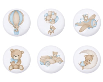 Manopole per cassetti con orso blu, maniglie per cassetti per cameretta dei bambini, manopole per vivai con orsi blu, arredamento per bambini, manopole per armadietti, manopole per cassetti