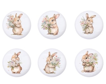 Poignées de tiroir en céramique lapin avec fleurs, boutons de tiroir animaux Safari, boutons de chambre de bébé lapin, bouton de poignée d'armoire, décoration de chambre d'enfant, bouton de garde-robe