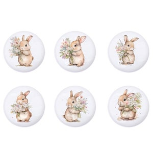 Rabbit with Flowers ceramics drawer handles, Safari animals drawer knobs,Bunny nursery knobs,cabinet handle knob,nursery decor,wardrobe knob image 1