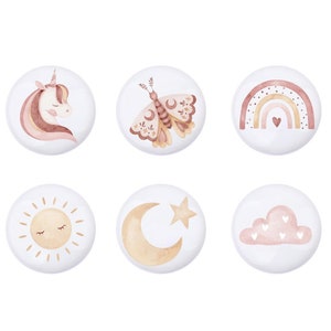 Boutons de tiroir bohèmes arc-en-ciel, boutons de tiroir pour enfants, poignées de tiroir de chambre de bébé licorne rose, décor de poignée de soleil, boutons d'armoire, boutons pour tiroirs