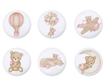 Pomelli per cassetti con orso, maniglie per cassetti per cameretta dei bambini, pomelli per vivai con orsi rosa, pomelli per decorazioni per bambini con mongolfiere, pomelli per cassetti