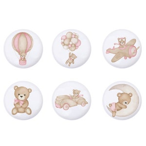 Bear drawer knobs, baby girl nursery room drawer handles, pink bear nursery knobs, Hot Air Balloon nursery  decor knobs,knobs for drawers