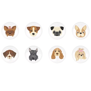 May include: Eight different dog breed illustrations, each in a white circle with a white background. The breeds are Yorkshire Terrier, Jack Russell Terrier, Pug, French Bulldog, Beagle, Scottish Terrier, Cocker Spaniel, and Shih Tzu.