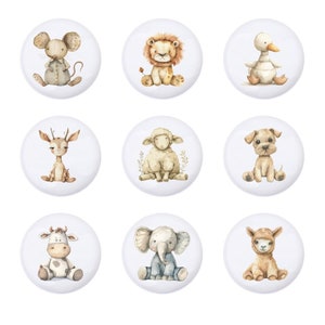 May include: Nine watercolour illustrations of various animals on a white background. The animals include a mouse, a lion, a duck, a deer, a sheep, a dog, a cow, an elephant, and a llama.