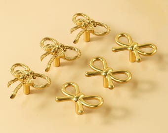 Gold Bow Drawer Handles, Art bows cabinet pulls knobs for Girls Brass dresser knobs handles custom engraved bows nightstand Furniture Knobs