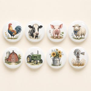 Keramische ronde ladeknop met boerderijdierenmotief, schaap, haan, koe, kastknop, dressoirknop, boerderijthema, keukenkastknop.