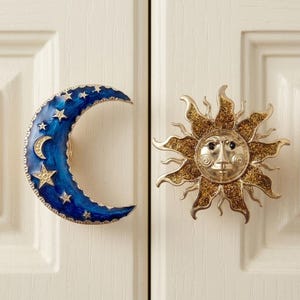 Victorian Moon Sun Drawer dresser handle pulls Gold Star Cabinet Wardrobe Knob Handles Blue Moon Closet Cupboard knob handle Boho home decor