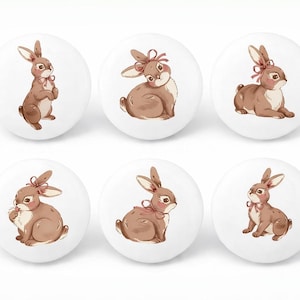 Puede incluir: Seis pomos de armario blancos con ilustraciones de acuarela de conejitos marrones con lazos rosas. Los conejitos están en varias poses, de pie, sentados y tumbados. Estos pomos son ideales para añadir un toque de fantasía a cualquier habitación.