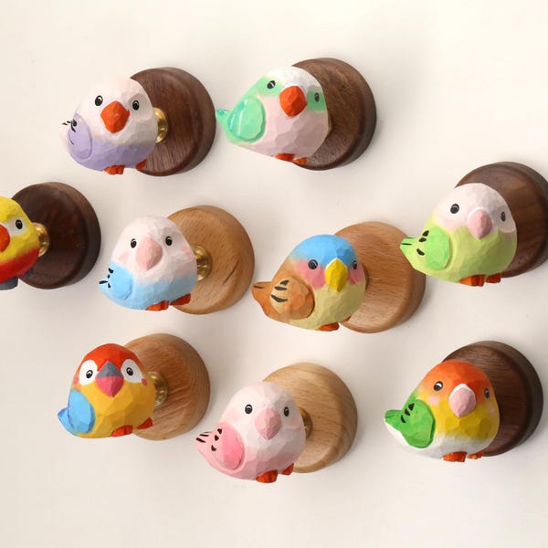 Lovebird Wall Hooks Projects DIY Towel Hooks, Hand Painted Bird Wall Hanger, Nursery room Beech Walnut wood Coats Bag Nursery Wall hooks