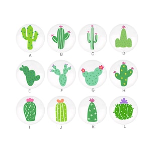 May include: Twelve different cactus illustrations on white circles with letters A through L underneath each circle.