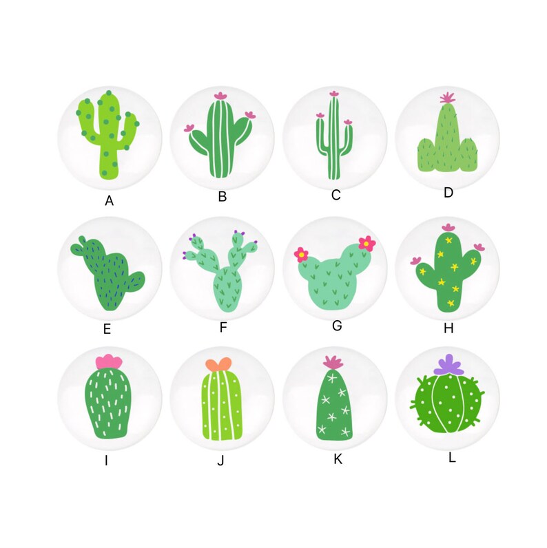 May include: Twelve different cactus illustrations on white circles with letters A through L underneath each circle.