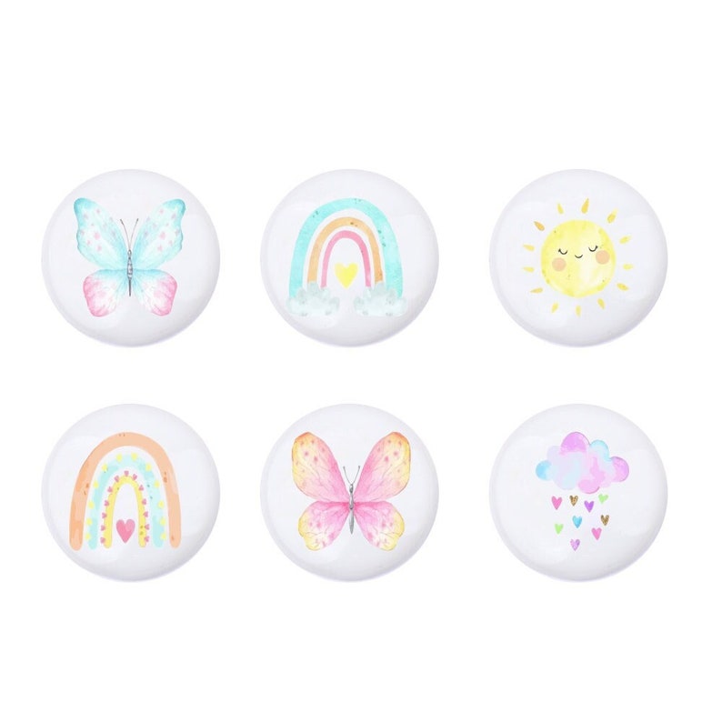 Boutons de tiroir bohèmes arc-en-ciel, boutons de tiroir pour enfants, poignées de tiroir de chambre de bébé papillon rose, décor de poignée de soleil, boutons d'armoire, boutons pour tiroirs image 1