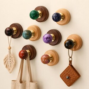 Gemstone Walnut Wall Hooks Projects DIY Towel Hooks, Craft Supplies Handmade Lucky Stone Wall Hanger, Amethyst Crystal Coats Bag Wall hooks