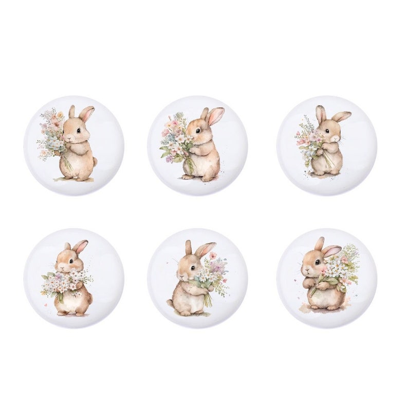 Rabbit with Flowers ceramics drawer handles, Safari animals drawer knobs,Bunny nursery knobs,cabinet handle knob,nursery decor,wardrobe knob image 1