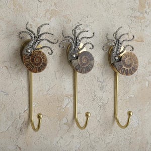 May include: Three decorative wall hooks with an antique brass finish. Each hook features a detailed silver-colored octopus design above a brown fossilized ammonite shell. The hooks are mounted on a textured beige wall.