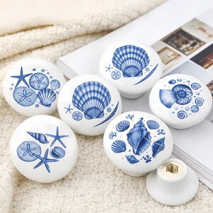 Blue shell Ceramics Drawer Dresser handle knobs, coastal patterns Cabinet Knob Handle, Vintage decor kitchen cupboard knobs handles