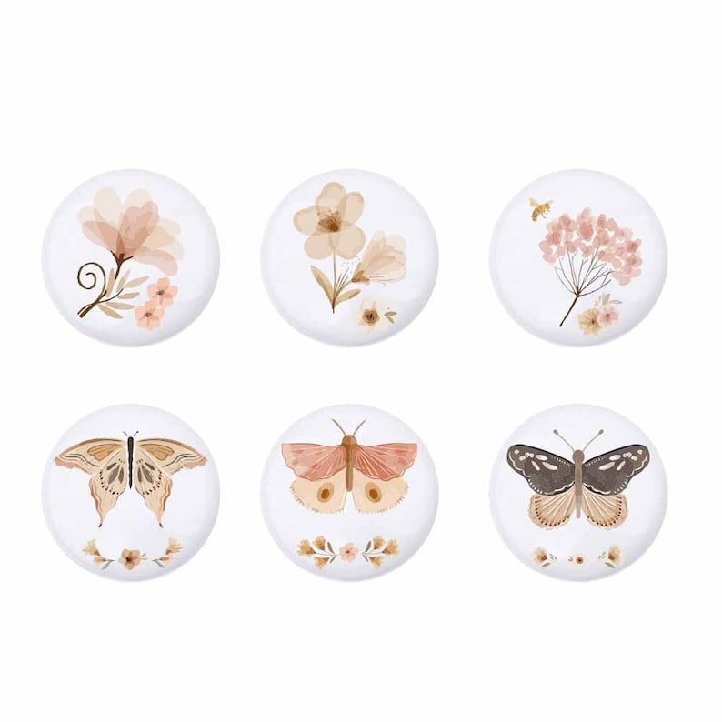 Fleur, papillon, céramique, poignées de tiroir pour chambre de bébé, boutons animaux pour chambre de bébé, bouton de meuble pour enfant, boutons ikea image 1