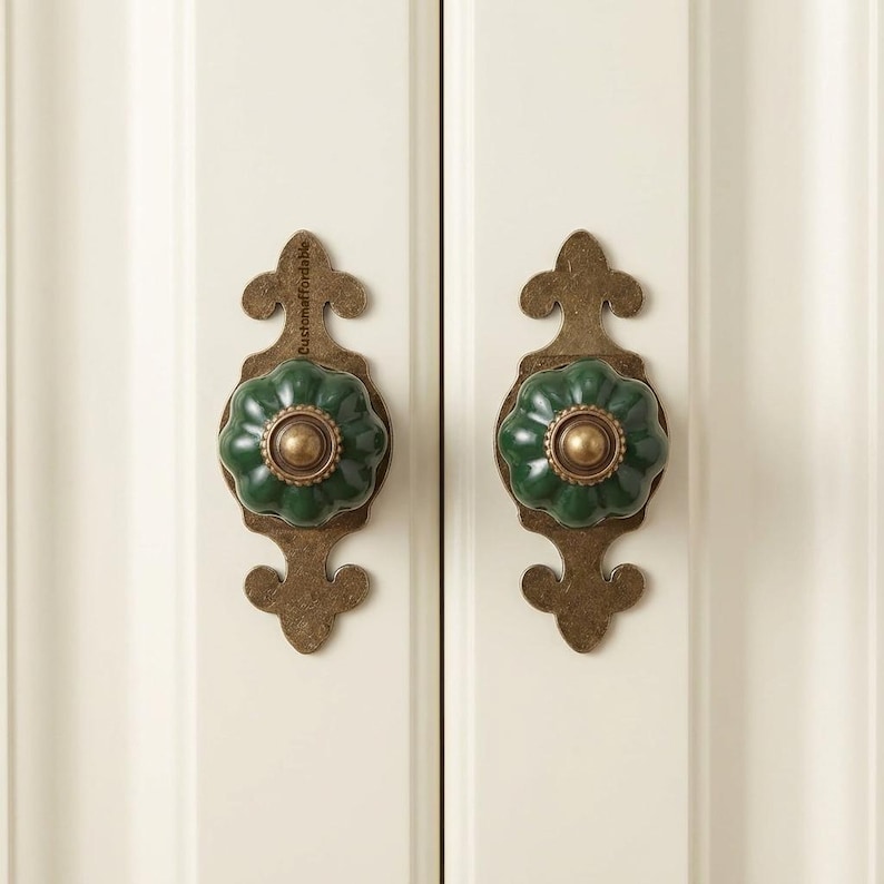 May include: Two cabinet knobs with a dark green, flower-shaped ceramic handle and a brass center. The knobs are mounted on ornate, bronze-colored backplates. The cabinet doors are painted white.