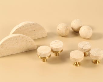 Travertine Brass base drawer knobs handles, Boho Marble cabinet cupboard door handle pulls dresser closet Knob Handle Art Vintage Hardware