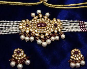 Precioso collar de gargantilla de rubíes con diamantes Polki, collar de perlas colgantes de oro de 22 quilates con pendiente, collar de boda para mujer