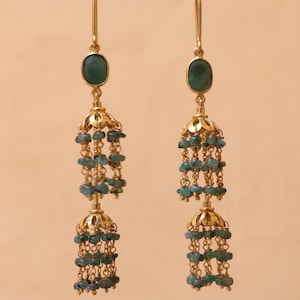 Handmade Gold Plated Silver Emerald Dangle Earrings –Tiered Jhumka Style Earrings – Precious Gemstone Indian Jewelry – Bridal & Festive Wear