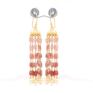 Handgemachte 18K Vergoldete Rosa Turmalin-Perlen-Ohrringe | Lange Multi-Strang Edelstein Ohrringe | Eleganter indischer Schmuck für Damen