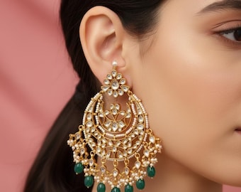 Heavy Silver Polki Chandbali Earrings |  Statement Bridal Earrings |  Indian Kundan Earrings with Green Beads