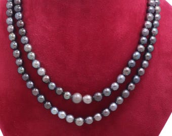 Natural Black Shouth sea  Pearl Necklace | Double Strand Pearl Jewelry with Blue Silk Cord | Handmade Statement Necklace