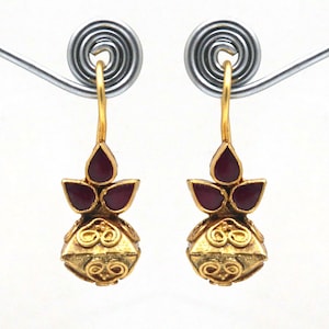 Handmade 18Kt Gold Plated Ruby dangle Earrings, Artisan Gold & Ruby Earrings